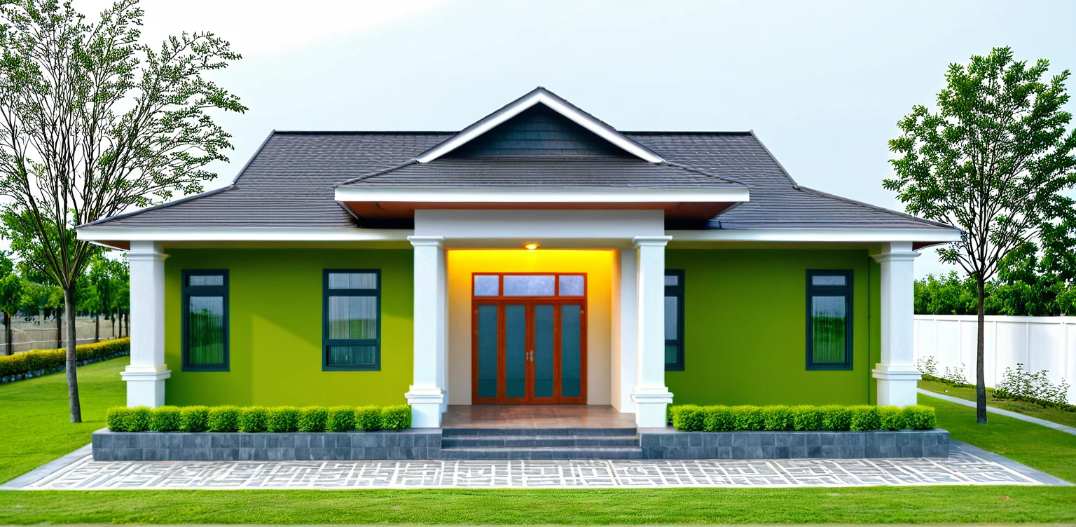 1-STORY HOUSE, FLAT TILE ROOF, MODERN ARCHITECTURAL STYLE, LIGHT AFTERNOON SUN, ADDED PAINT ON THE COLUMNS, ADDED PAINT ON THE WALLS, VIEW OF THE HOUSE'S INTERIOR, LIGHTING IN THE INTERIOR, . THE FRONT HAS A WIDE YARD AND MANY GREEN TREES AROUND THE HOUSE. THE WALLS OF THE HOUSE ARE WHITE, STONE FRONT THE WALLS. DARK DOOR.
SUPER REALISTIC IMAGE EXTRACTION, HD IMAGES