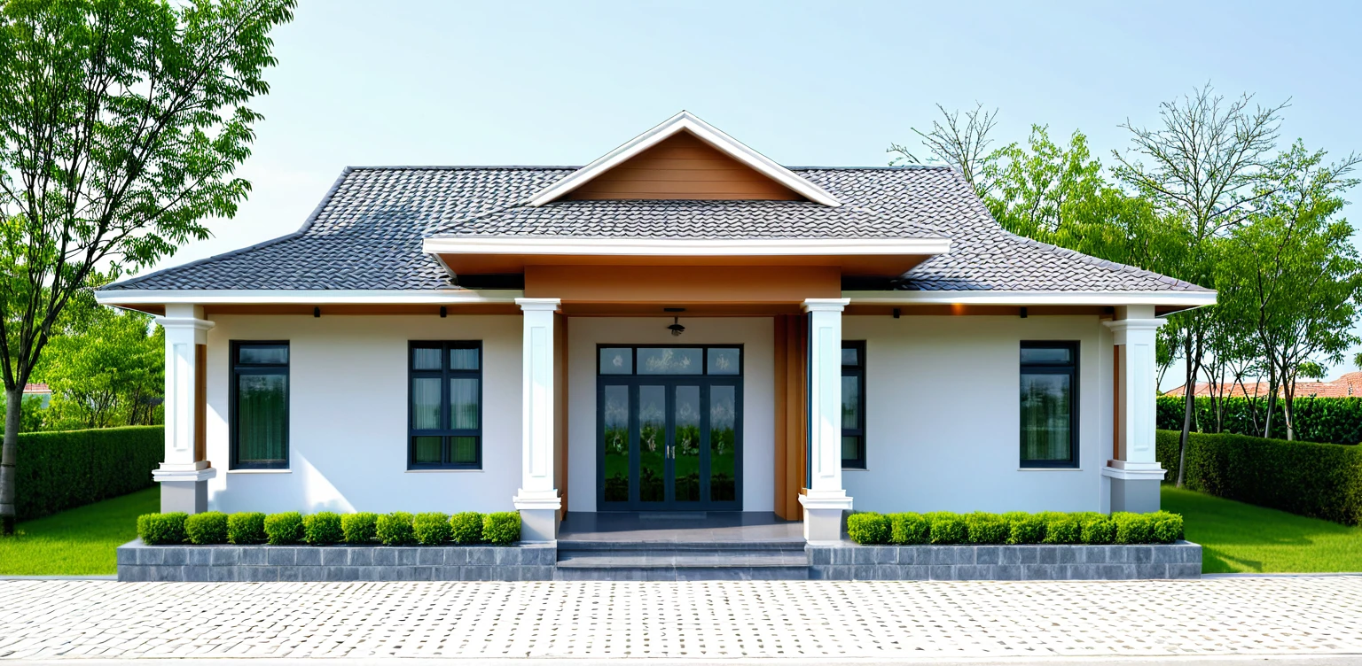 1-STORY HOUSE, FLAT TILE ROOF, MODERN ARCHITECTURAL STYLE, LIGHT AFTERNOON SUN, ADDED PAINT ON THE COLUMNS, ADDED PAINT ON THE WALLS, VIEW OF THE HOUSE'S INTERIOR, LIGHTING IN THE INTERIOR, . THE FRONT HAS A WIDE YARD AND MANY GREEN TREES AROUND THE HOUSE. THE WALLS OF THE HOUSE ARE WHITE, STONE FRONT THE WALLS. DARK DOOR.
SUPER REALISTIC IMAGE EXTRACTION, HD IMAGES