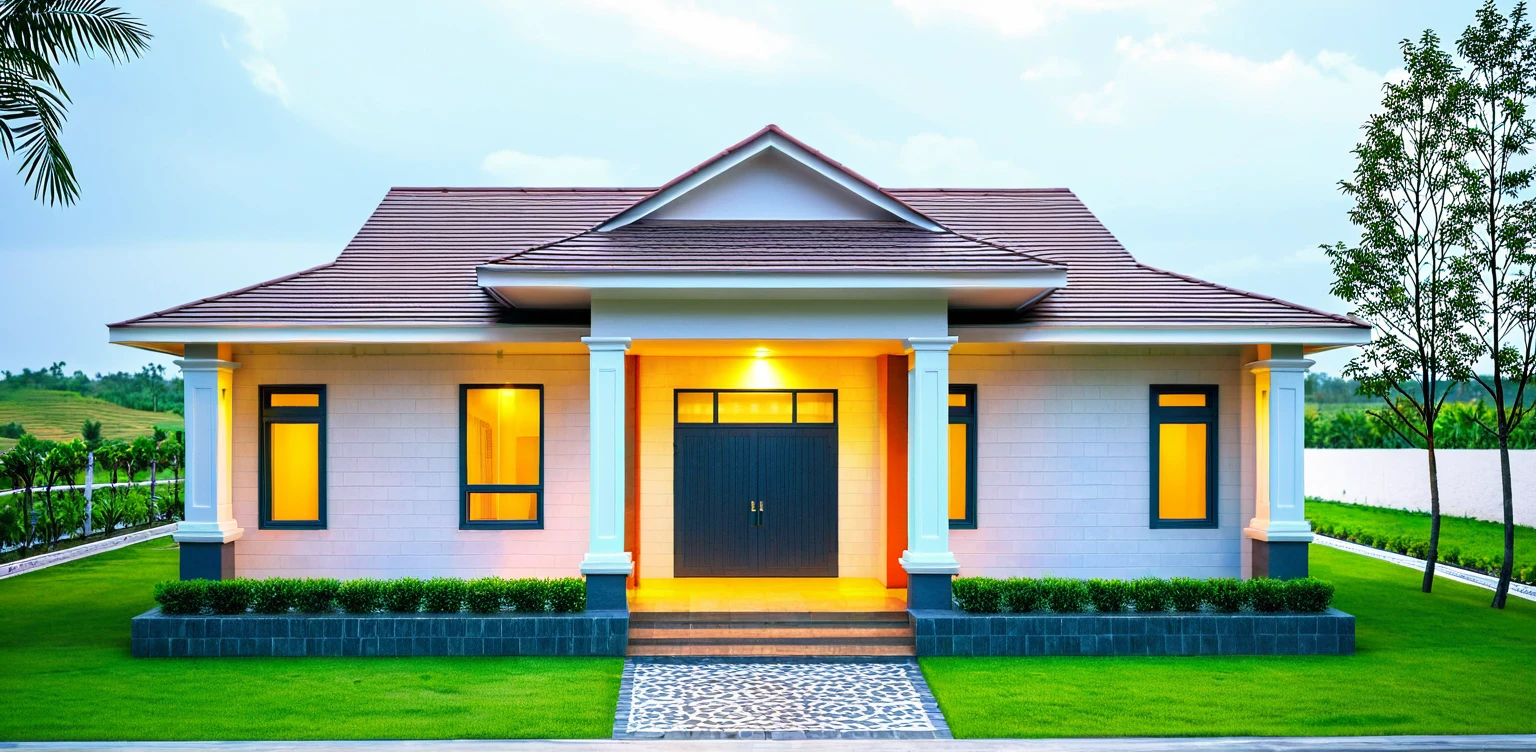 1-STORY HOUSE, FLAT TILE ROOF, MODERN ARCHITECTURAL STYLE, LIGHT AFTERNOON SUN, ADDED PAINT ON THE COLUMNS, ADDED PAINT ON THE WALLS, VIEW OF THE HOUSE'S INTERIOR, LIGHTING IN THE INTERIOR, . THE FRONT HAS A WIDE YARD AND MANY GREEN TREES AROUND THE HOUSE. THE WALLS OF THE HOUSE ARE WHITE, STONE FRONT THE WALLS. DARK DOOR.
SUPER REALISTIC IMAGE EXTRACTION, HD IMAGES