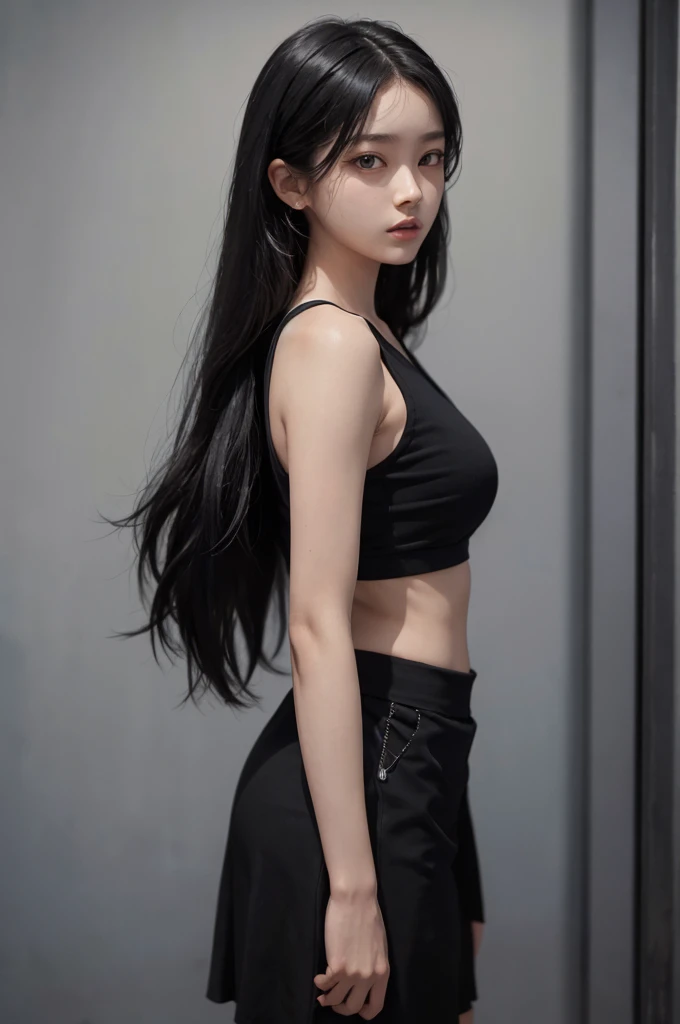 20 year old girl, black tank top, black skirt, long hair, high contrast (Natural skin texture, Hyperrealism, Soft Light, sharp), portrait, standing, kpop
