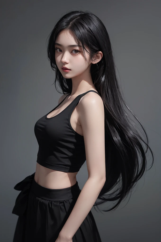 20 year old girl, black tank top, black skirt, long hair, high contrast (Natural skin texture, Hyperrealism, Soft Light, sharp), portrait, standing, kpop