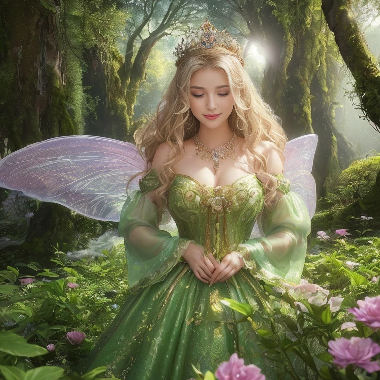 ((muste piece、highest quality、8K、very detailed and intricate details、The most complex and detailed textures、Ultra high definition、bright and gentle lighting、the mildest texture、the smoothest texture))、(beautiful waterfall in the background:1.3)、(Small wings that shine very delicately and intricately:1.2)、(Upper body photo of a standing princess:1.1)、(Fairy wings with very intricate patterns:1.2)、(small wings:1.2)、(The most extravagant and divine fairy tale princess dresses:1.2)、((The most beautiful fairy tale forest princess Fairy tale princess、High chroma、Fantasy little fairy wings、Gives off a fairy-tale glow、The finest dress with elaborate decoration.、Shining transparent fairy tale wingantastic, fairy tale light、Set against the backdrop of a complex and sacred forest、mysterious tree、優しいfairy tale light、fairy tale sparkle、fairy tale atmosphere、fantasy、the most intricate and sacred dress、the most beautiful fairy princess in the world、Faithfully reproducing the sacred atmosphere, Perfect down to the last detail、The most complex and detailed forest、The most sacred and luxurious princess dress、 calm and full of light、luxurious tiaras and necklaces、A forest full of sacred light、fantasy、overgrown tree々々、A pink and purple forest surrounded by sacred light、very calm and bright、Half Japan and half Russian、blue eyes、blondes、The best smile when you look at me、beautiful wavy hair、the most luxurious and intricate dresses、Look at me and put on your best smile、turned into slime、big and full breasts))、(Japan'the most gorgeous whore goddess:1.1)、((The most gorgeous prostitution goddess huge costume、The most vivid and luxurious costume Iglon costume、purple and pink glitter costume、purple and pink gems、Luxurious costumes decorated with plenty of jewels、very intricate decoration))、(Look at me、bewitching smile、Perfect makeup、long eyelashes、lipstick、pink eyeshadow、perfect anatomy、the biggest smile)