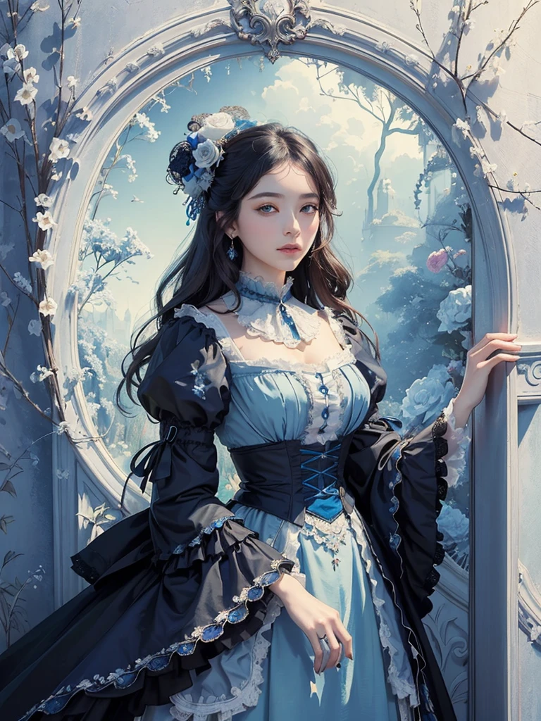 (masterpiece、quality、quality、detailed and complex、official art、aesthetically pleasing:1.3)、(1 woman:1.3)、(Fractal Art:1.3)、very colorful、vivid、victorian era clothing,Royal Blue,White Rose