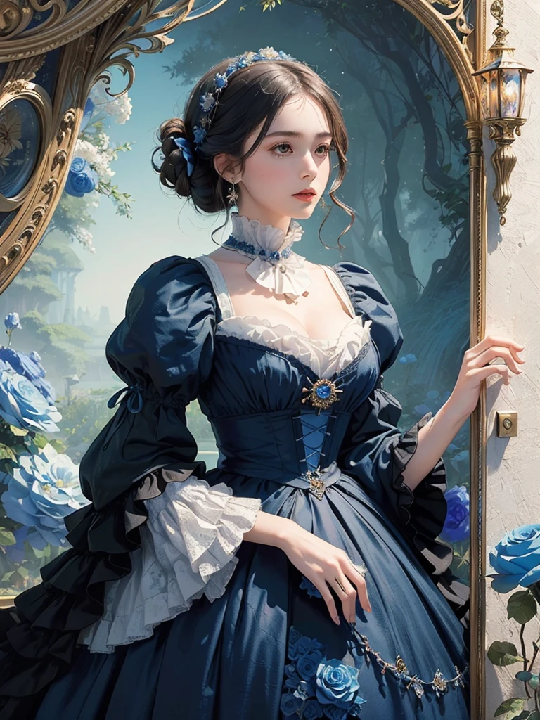 (masterpiece、quality、quality、detailed and complex、official art、aesthetically pleasing:1.3)、(1 woman:1.3)、(Fractal Art:1.3)、very colorful、vivid、victorian era clothing,Royal Blue,White Rose