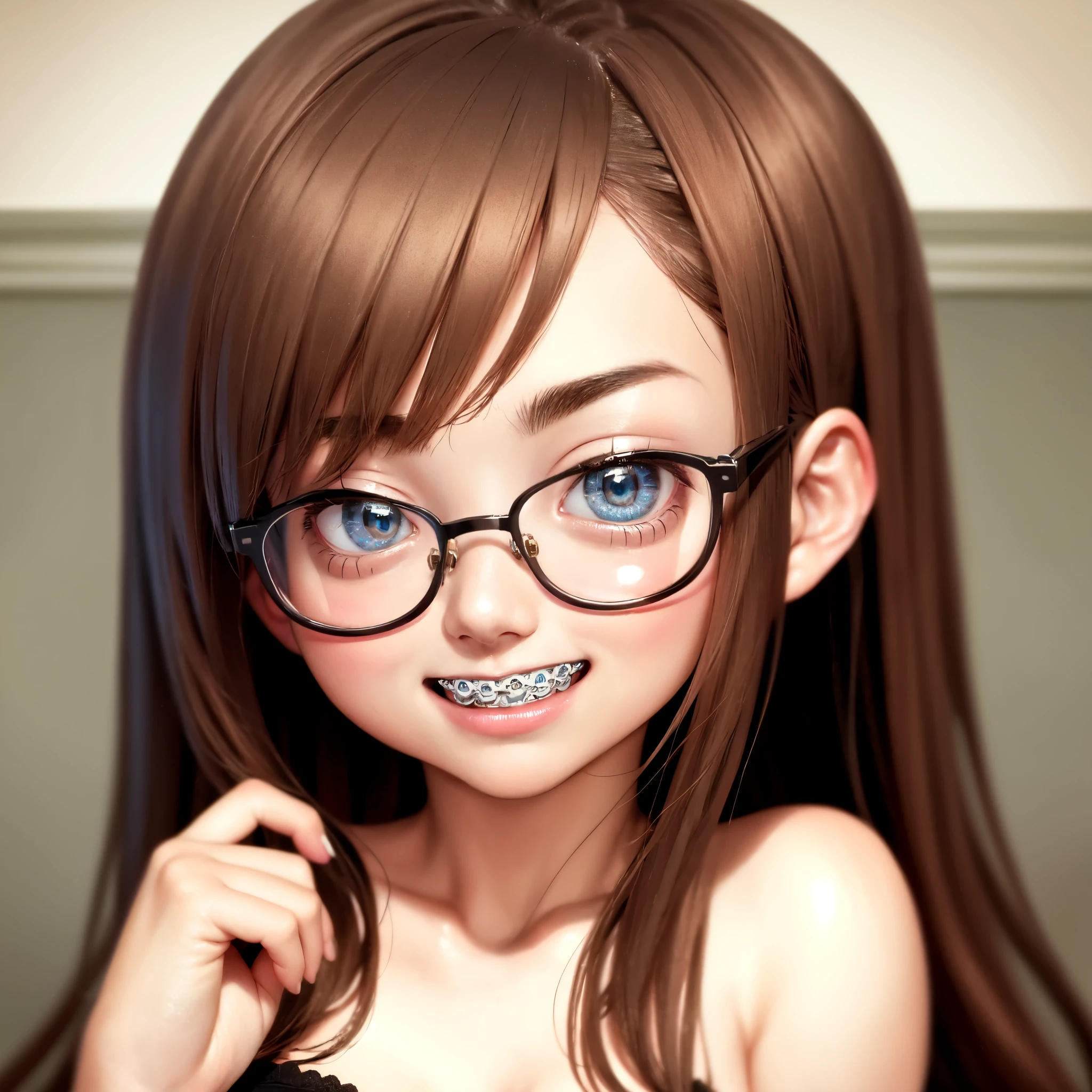1girl, seductive eyes, braces, glasses, smiling, cute, face focus, blue eyes, blush, brown hair, best quality, masterpiece, highres
