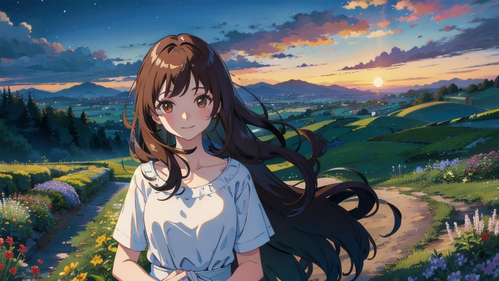 masterpiece,Highest quality,One Girl,The hair color is brown, brown eyes, smile，Gradient Hair,countryside,Cityscape,night,Flowers and plants,blue sky,scenery,afternoon,Light Perception,Soft night,