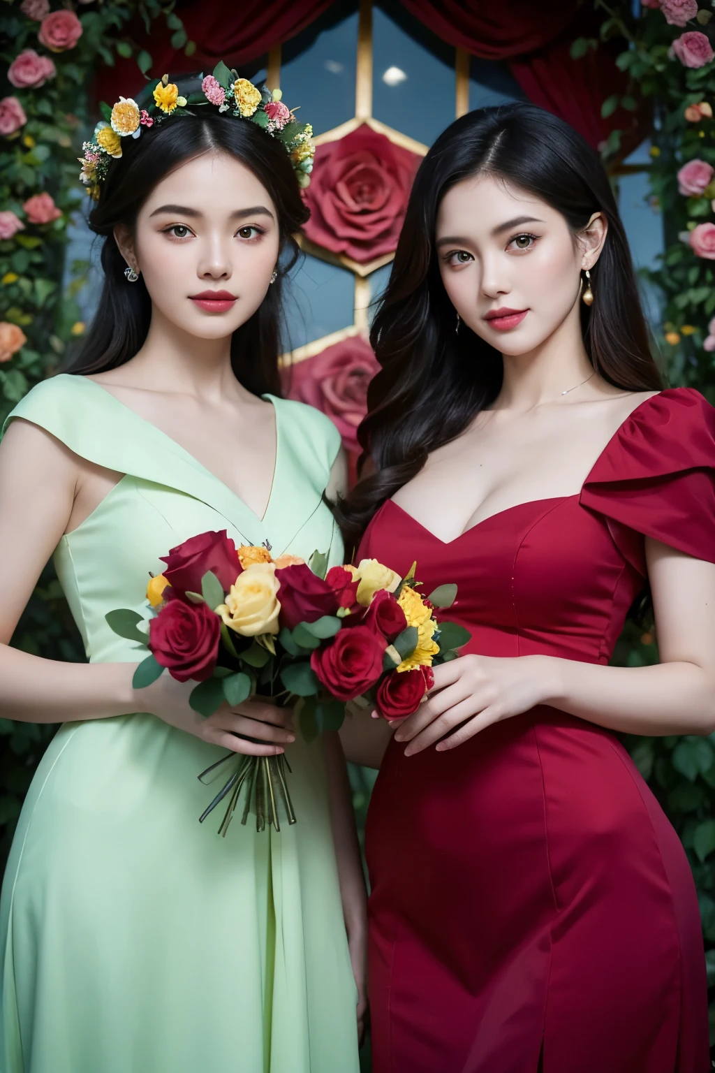 masterpiece, hyperdetailed face, realistic teeth and superdetailed big eyes, two woman holding a rose in her hand standing ferry in Saigon river background with clean air and pure river water see bottom, gorgeous two beauty woman smile actractive and pink mini rose in hair, beautiful retro art, holding red and green roses, vintage noir, artstyle tom bagshaw, gorgeous art, by Mark Brooks, red and golden and magenta roses, beautiful artwork, by Glen Angus, UHD, 48K