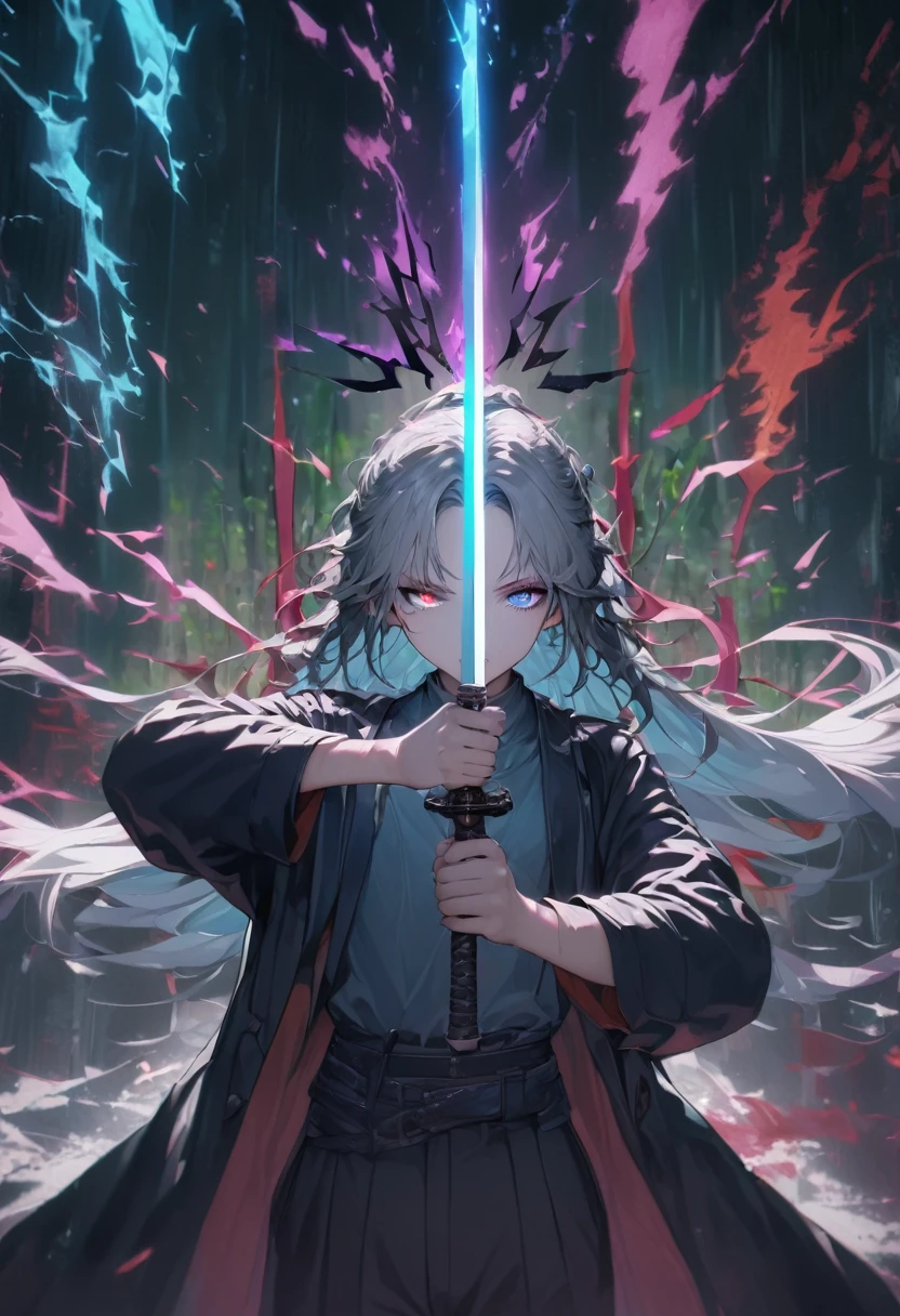elementary, Shadow Surrounding Girl, lightning, Green Aura, Red aura, Purple aura, Flames surrounding the girl, masterpiece, Dark Theme, Highest quality, Maximum details, Very fine eye, Professional coloring, cinematic lightning, Remaining, Written boundary depth, Backlight, One Girl, Young girl, Silver Hair, Long Hair, Black glowing halo, Shining blue sea, Blue Flame, Fantasy style costumes, Black long coat, shirt, Black trousers, Swinging a thin black long sword, Expressionless, Purple left eye and blue right eye, Odd Eye, Glowing Eyes