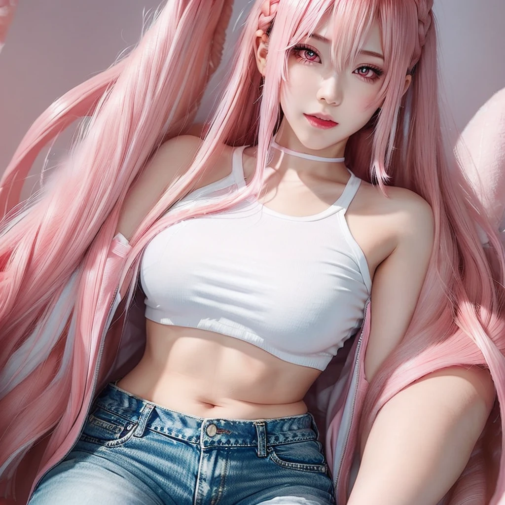 Young woman, pink eyes, long braided pink hair, pink, lots of pink, white cropped t-shirt, exposed midriff, pink low rise jeans, bubble gum, cotton candy, pink sky, pink moon, all is pink, beautifully lit, stunning environment, insanely detailed