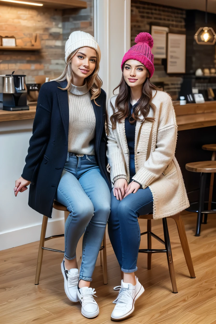 high quality,16K:1.1),(, Two women sitting on chairs in a coffee shop)sit facing each other across a desk、We are chatting、Full Body Shot:1.2),(),blonde、ear piercing、smile、Beautiful teeth alignment、((coat、sweater、Knitted hat、Skinny jeans、、sneakers)), ,(View your audience:1.3),Coffee shop in the background
