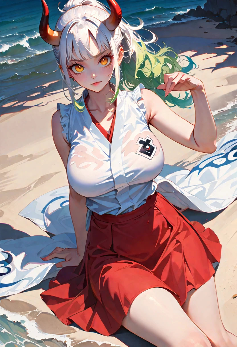 Style 9,1 woman, laying on sand, yamato one piece, white hair, pony tail, green hair at tip, horns, yellow eyes, detailed eyes, white clothes, red skirt, big breasts, illustration,beautiful background,whole body,high angle shot, from above, Beautiful photography pose,profile,view at viewer, high detailed wallpaper, high quality, masterpiece