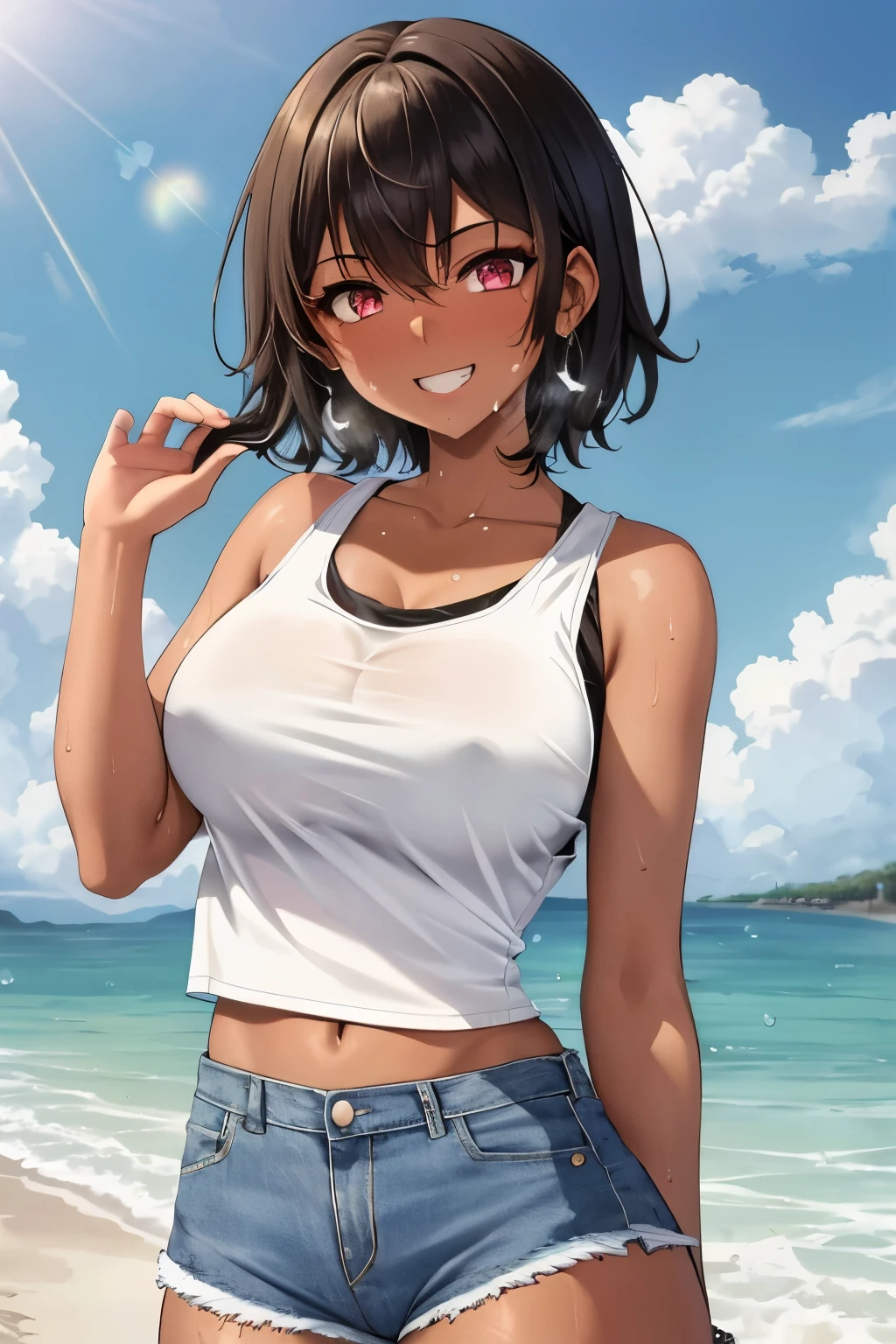 (8K, Highest quality, Highest quality, masterpiece), Detailed face, One Girl, (Brown Skin:1.2), Black Hair, short hair, (Pink Eyes, Sweat:1.2), Grin, (White tank top, Denim hot pants:1.2), Beach, cloud, Wind, big, Upper Body, water droplets,