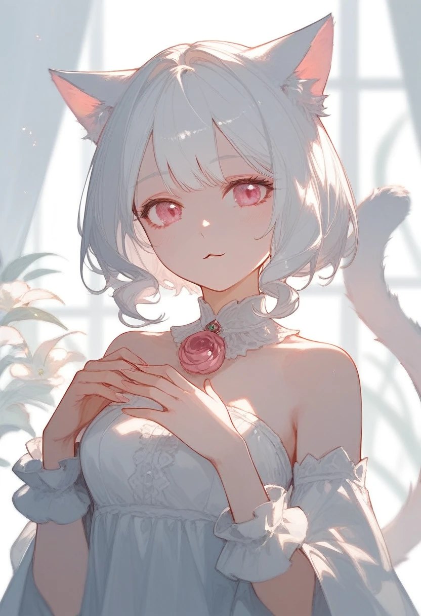 (score_9,score_8_consolation,score_7_consolation),1 woman,cat girl,white hair,pink eyes,cat ears,cat tail,,beautiful_face,hand turned into a cat's paw, exposed chest, exposed nipples, exposed pussy, Love juice coming out of pussy, Love juice pooled on the floor, snood, The imprint of sex slavery on the womb., Heart eyes, Open mouth, deep blush, tear, blank expression without focus, Maid clothes that are very revealing