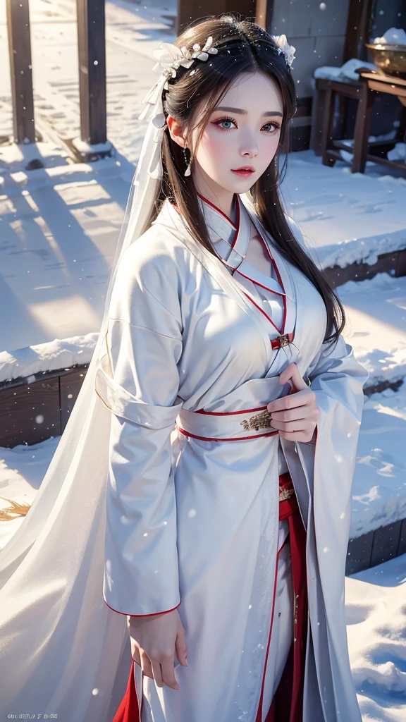 masterpiece, best quality, realistic, 8k, official art, cinematic light, ultra high res, 1girl, day, sunlight, light on face, (white hanfu), (Winter hanfu:1.2), (cloak:1.2), (snow:1.3),(upper body)
 French twist, jewelry ,necklace , Appalachian, 2 hands 