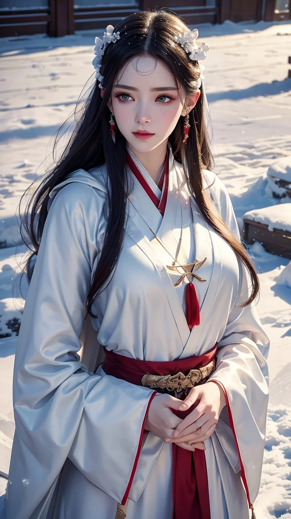 masterpiece, best quality, realistic, 8k, official art, cinematic light, ultra high res, 1girl, day, sunlight, light on face, (white hanfu), (Winter hanfu:1.2), (cloak:1.2), (snow:1.3),(upper body)
 French twist, jewelry ,necklace , Appalachian, 2 hands 