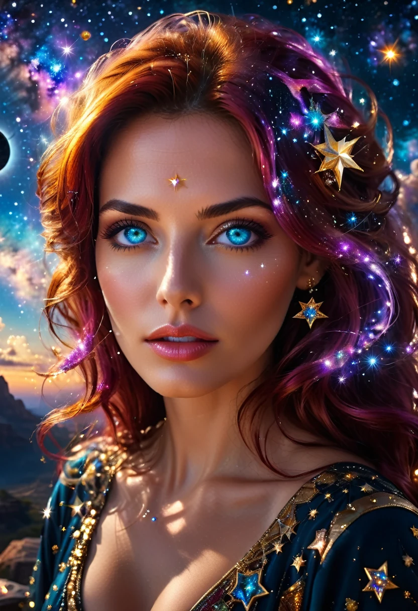 ((a extreme close up: 1.5)) facial picture of an astrologist who divine the future from the stars, an extraordinary beautiful woman, divining the future from the stars, there is magic in her eyes, the (( stars in her eyes: 1.5)), dynamic hair color, dynamic hair style, she sits near a table, dynamic clothing, dynamic background, vibrant, Ultra-high resolution, High Contrast, (masterpiece:1.5), highest quality, Best aesthetics), best details, best quality, highres, 16k, [ultra detailed], masterpiece, best quality, (extremely detailed), Intense gaze, magical sky