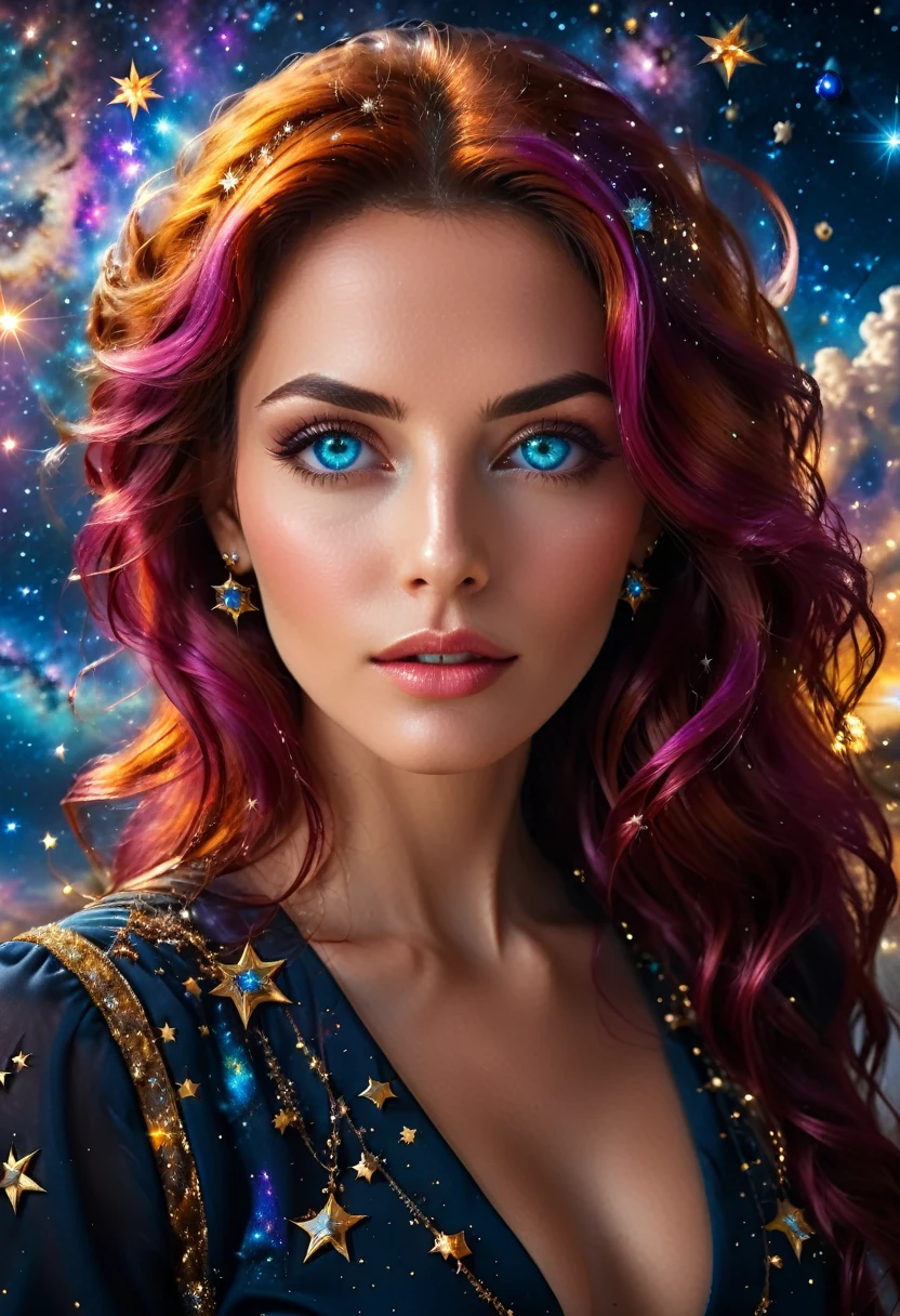 ((a extreme close up: 1.5)) facial picture of an astrologist who divine the future from the stars, an extraordinary beautiful woman, divining the future from the stars, there is magic in her eyes, the (( stars in her eyes: 1.5)), dynamic hair color, dynamic hair style, she sits near a table, dynamic clothing, dynamic background, vibrant, Ultra-high resolution, High Contrast, (masterpiece:1.5), highest quality, Best aesthetics), best details, best quality, highres, 16k, [ultra detailed], masterpiece, best quality, (extremely detailed), Intense gaze, magical sky