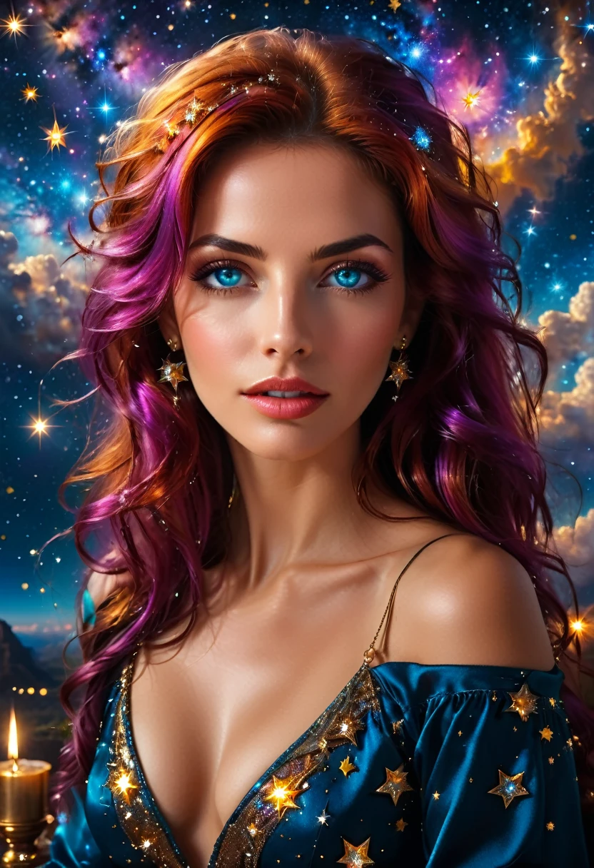 ((a extreme close up: 1.5)) facial picture of an astrologist who divine the future from the stars, an extraordinary beautiful woman, divining the future from the stars, there is magic in her eyes, the (( stars in her eyes: 1.5)), dynamic hair color, dynamic hair style, she sits near a table, dynamic clothing, dynamic background, vibrant, Ultra-high resolution, High Contrast, (masterpiece:1.5), highest quality, Best aesthetics), best details, best quality, highres, 16k, [ultra detailed], masterpiece, best quality, (extremely detailed), Intense gaze, magical sky