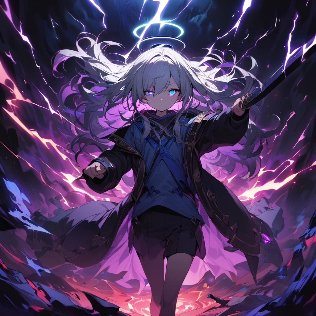 elementary, Shadow Surrounding Girl, lightning, Green Aura, Red aura, Purple aura, Flames surrounding the girl, masterpiece, Dark Theme, Highest quality, Maximum details, Very fine eye, Professional coloring, cinematic lightning, Remaining, Written boundary depth, Backlight, One Girl, Young girl, Silver Hair, Long Hair, Black glowing halo, Shining blue sea, Blue Flame, Fantasy style costumes, Black long coat, shirt, Black trousers, Swinging a thin black long sword, Expressionless, Purple left eye and blue right eye, Odd Eye, Glowing Eyes, Face is close