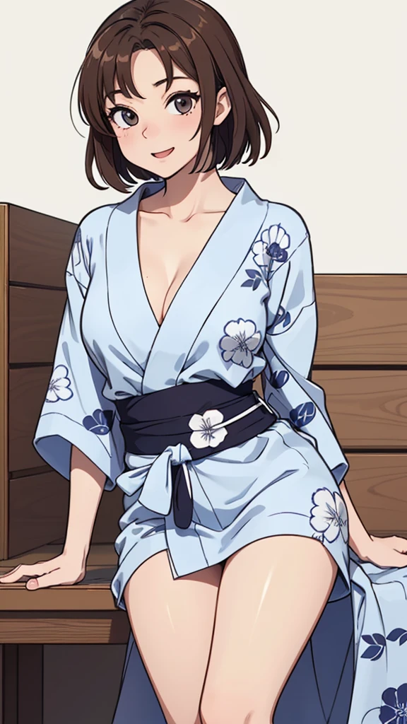 (((masterpiece, best quality, ultra highres, 1 girl, solo, no background))), super detailed skin and face and eyes and finger, beautiful japanese woman, small breasts:1.5, skinny, light brown hair, white background, very short pixie hair, Knee shot, Generate with illustrations, Various expressions, Various poses, Please draw the entire character within the frame, ensuring that the head, arms, and legs are not cut off. The background should be simple, with the character positioned centrally, outline, anime, 2d, yukata, laugh, boyish,