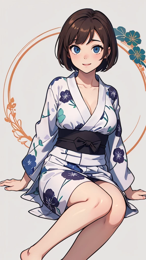 (((masterpiece, best quality, ultra highres, 1 girl, solo, no background))), super detailed skin and face and eyes and finger, beautiful japanese woman, small breasts:1.5, skinny, light brown hair, white background, very short pixie hair, Knee shot, Generate with illustrations, Various expressions, Various poses, Please draw the entire character within the frame, ensuring that the head, arms, and legs are not cut off. The background should be simple, with the character positioned centrally, outline, anime, 2d, yukata, laugh, boyish,