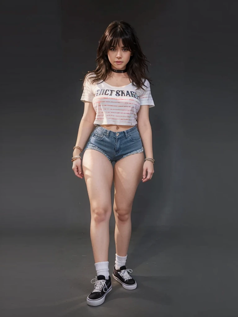 girl sexy realistic, fringe hair realistic, face sweet realistic, wearing realistic t-shirt, realistic shorts denim, realistic ankle white socks, realistic vans shoes uses choker and bracelets realistic details.