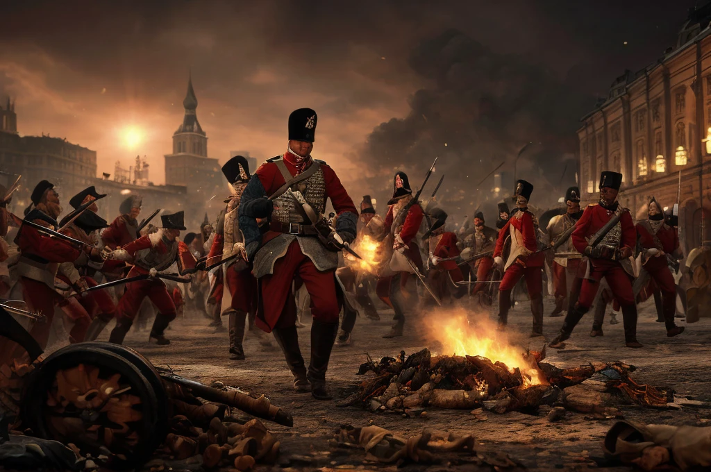 battle, siege, redcoats, in the Moscow Red Square, [The characters (FULL BODY) are surrounded by mist, evoking a mysterious and eerie atmosphere. The lighting is dark and atmospheric, with a red smoke adding a touch of sinister ambiance. The image is of the best quality, with a resolution of 4k and HDR enhancement, showcasing the utmost level of detail and realism, sfw, full body shot:1.5]. [8K, Best Quality, Masterpiece, Ultra High Resolution, (highly detailed CG unity 8k wallpaper), (best photo), (best shadows), isometric 3D, octane rendering, ray tracing, highly detailed, (Best quality, 4K, 8k, A high resolution, masterpiece:1.2), absurdity, ultra detailed, (realistic, photorealistic, photorealistic:1.37), complex parts, HDR, (complex parts:1.12), (hyper detailed, hyper realistic, Soft lighting, spicy:1.2), (complex parts, Hyper detailed:1.15). Blurred foreground. (backlit), realistic, masterpiece, high quality, brightness, chromatic aberration, 8k uhd, some smoke, shadows, contrast, clear sky, (warm hue, warm tone), high details, natural reflections]. 