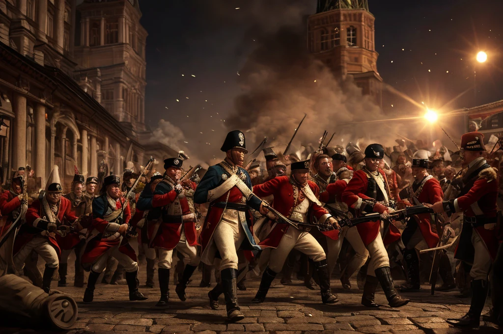 battle, siege, redcoats, in the Moscow Red Square, [The characters (FULL BODY) are surrounded by mist, evoking a mysterious and eerie atmosphere. The lighting is dark and atmospheric, with a red smoke adding a touch of sinister ambiance. The image is of the best quality, with a resolution of 4k and HDR enhancement, showcasing the utmost level of detail and realism, sfw, full body shot:1.5]. [8K, Best Quality, Masterpiece, Ultra High Resolution, (highly detailed CG unity 8k wallpaper), (best photo), (best shadows), isometric 3D, octane rendering, ray tracing, highly detailed, (Best quality, 4K, 8k, A high resolution, masterpiece:1.2), absurdity, ultra detailed, (realistic, photorealistic, photorealistic:1.37), complex parts, HDR, (complex parts:1.12), (hyper detailed, hyper realistic, Soft lighting, spicy:1.2), (complex parts, Hyper detailed:1.15). Blurred foreground. (backlit), realistic, masterpiece, high quality, brightness, chromatic aberration, 8k uhd, some smoke, shadows, contrast, clear sky, (warm hue, warm tone), high details, natural reflections]. 