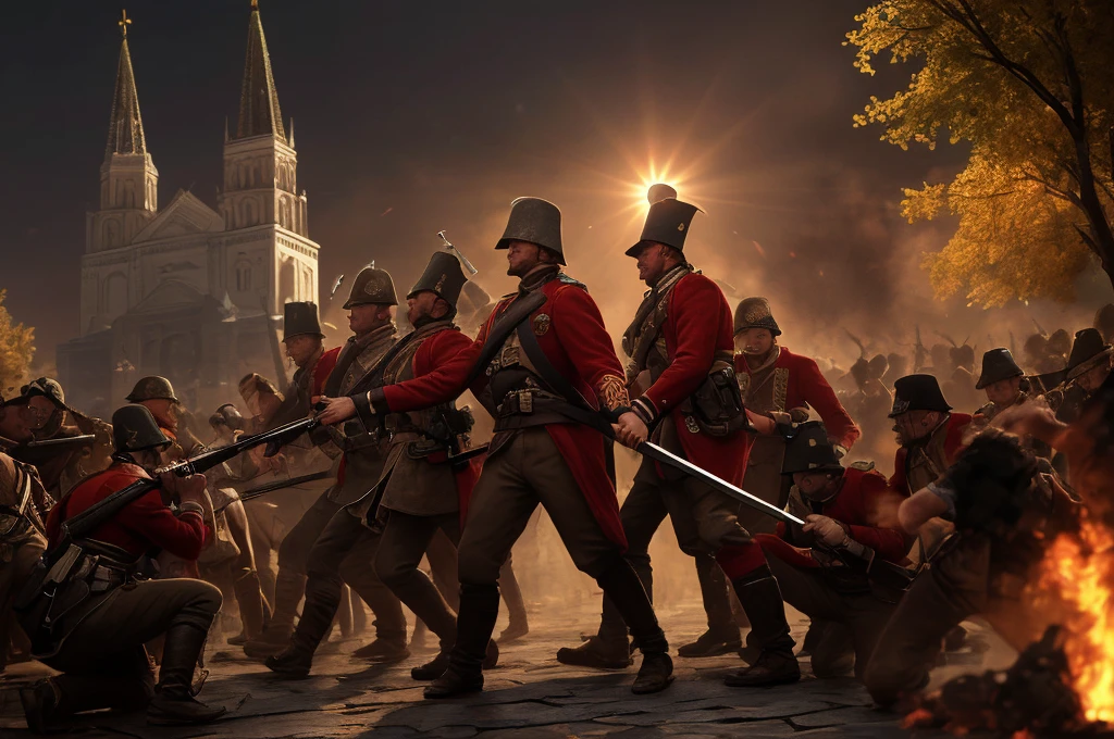 battle, siege, redcoats, in the Moscow Red Square, [The characters (FULL BODY) are surrounded by mist, evoking a mysterious and eerie atmosphere. The lighting is dark and atmospheric, with a red smoke adding a touch of sinister ambiance. The image is of the best quality, with a resolution of 4k and HDR enhancement, showcasing the utmost level of detail and realism, sfw, full body shot:1.5]. [8K, Best Quality, Masterpiece, Ultra High Resolution, (highly detailed CG unity 8k wallpaper), (best photo), (best shadows), isometric 3D, octane rendering, ray tracing, highly detailed, (Best quality, 4K, 8k, A high resolution, masterpiece:1.2), absurdity, ultra detailed, (realistic, photorealistic, photorealistic:1.37), complex parts, HDR, (complex parts:1.12), (hyper detailed, hyper realistic, Soft lighting, spicy:1.2), (complex parts, Hyper detailed:1.15). Blurred foreground. (backlit), realistic, masterpiece, high quality, brightness, chromatic aberration, 8k uhd, some smoke, shadows, contrast, clear sky, (warm hue, warm tone), high details, natural reflections]. 