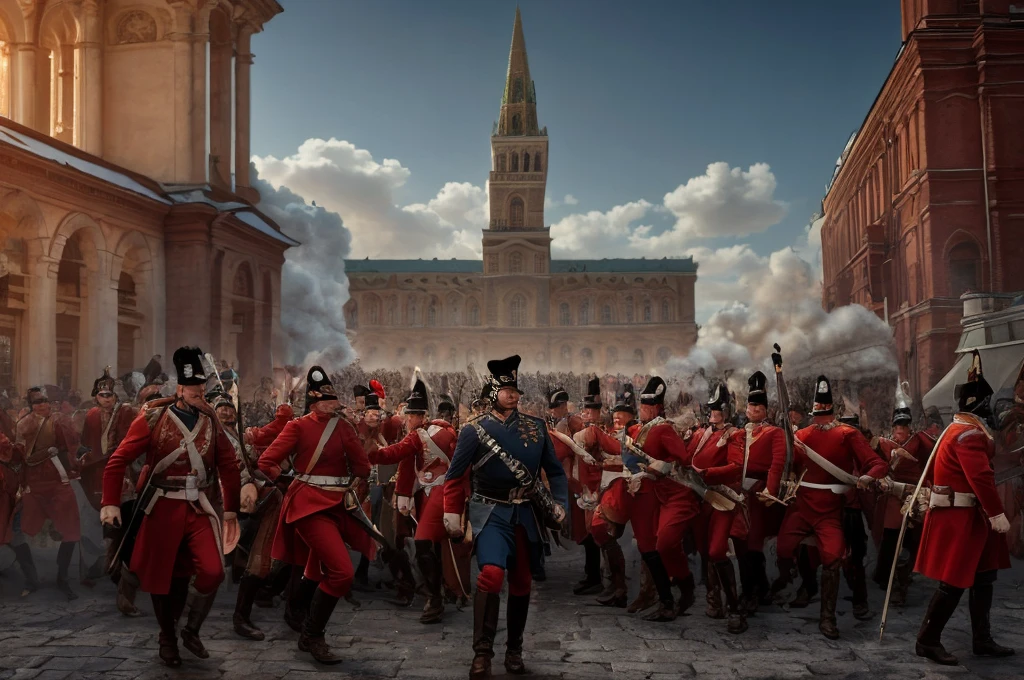 battle, siege, redcoats, in the Moscow Red Square, [The characters (FULL BODY) are surrounded by mist, evoking a mysterious and eerie atmosphere. The lighting is dark and atmospheric, with a red smoke adding a touch of sinister ambiance. The image is of the best quality, with a resolution of 4k and HDR enhancement, showcasing the utmost level of detail and realism, sfw, full body shot:1.5]. [8K, Best Quality, Masterpiece, Ultra High Resolution, (highly detailed CG unity 8k wallpaper), (best photo), (best shadows), isometric 3D, octane rendering, ray tracing, highly detailed, (Best quality, 4K, 8k, A high resolution, masterpiece:1.2), absurdity, ultra detailed, (realistic, photorealistic, photorealistic:1.37), complex parts, HDR, (complex parts:1.12), (hyper detailed, hyper realistic, Soft lighting, spicy:1.2), (complex parts, Hyper detailed:1.15). Blurred foreground. (backlit), realistic, masterpiece, high quality, brightness, chromatic aberration, 8k uhd, some smoke, shadows, contrast, clear sky, (warm hue, warm tone), high details, natural reflections]. 