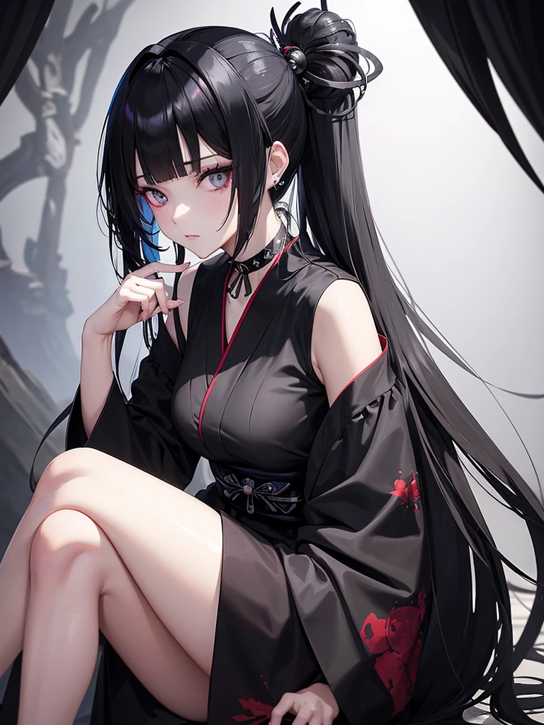 Black Hair、Black Feather、Gothic punk dress、Legs sticking out， Crossing your legs、anime zombie witch design, Crossbones, Streetwear Design, Provector, Horror Style, Full Design, Only 6 colors, Solid Colors, No Shadow, Full Design, Stickers, Bright colors, White Background.Ultra-fine illustrations,(((Beautiful fine hair))),(((Beautiful Faces))),(((Beautiful background))),(((Beautiful fine hair))),(((Beautiful Faces))),(((Beautiful background)))、Black Hair、Blunt bangs，Undershot,yukata,Tanabata,River side