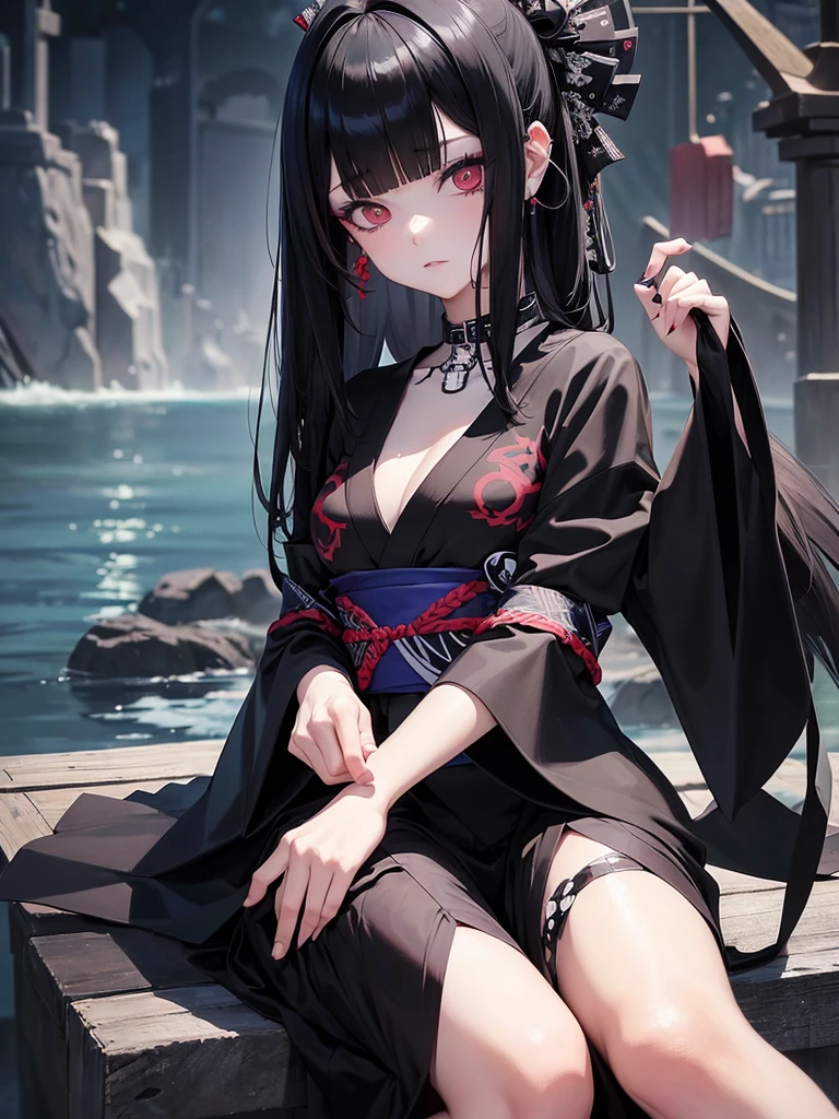 Black Hair、Black Feather、Gothic punk dress、Legs sticking out, Crossing your legs、anime zombie witch design, Crossbones, Streetwear Design, Provector, Horror Style, Full Design, Only 6 colors, Solid Colors, No Shadow, Full Design, Stickers, Bright colors, White Background.Ultra-fine illustrations,(((Beautiful fine hair))),(((Beautiful Faces))),(((Beautiful background))),(((Beautiful fine hair))),(((Beautiful Faces))),(((Beautiful background)))、Black Hair、Blunt bangs,Undershot,yukata,Tanabata,River side