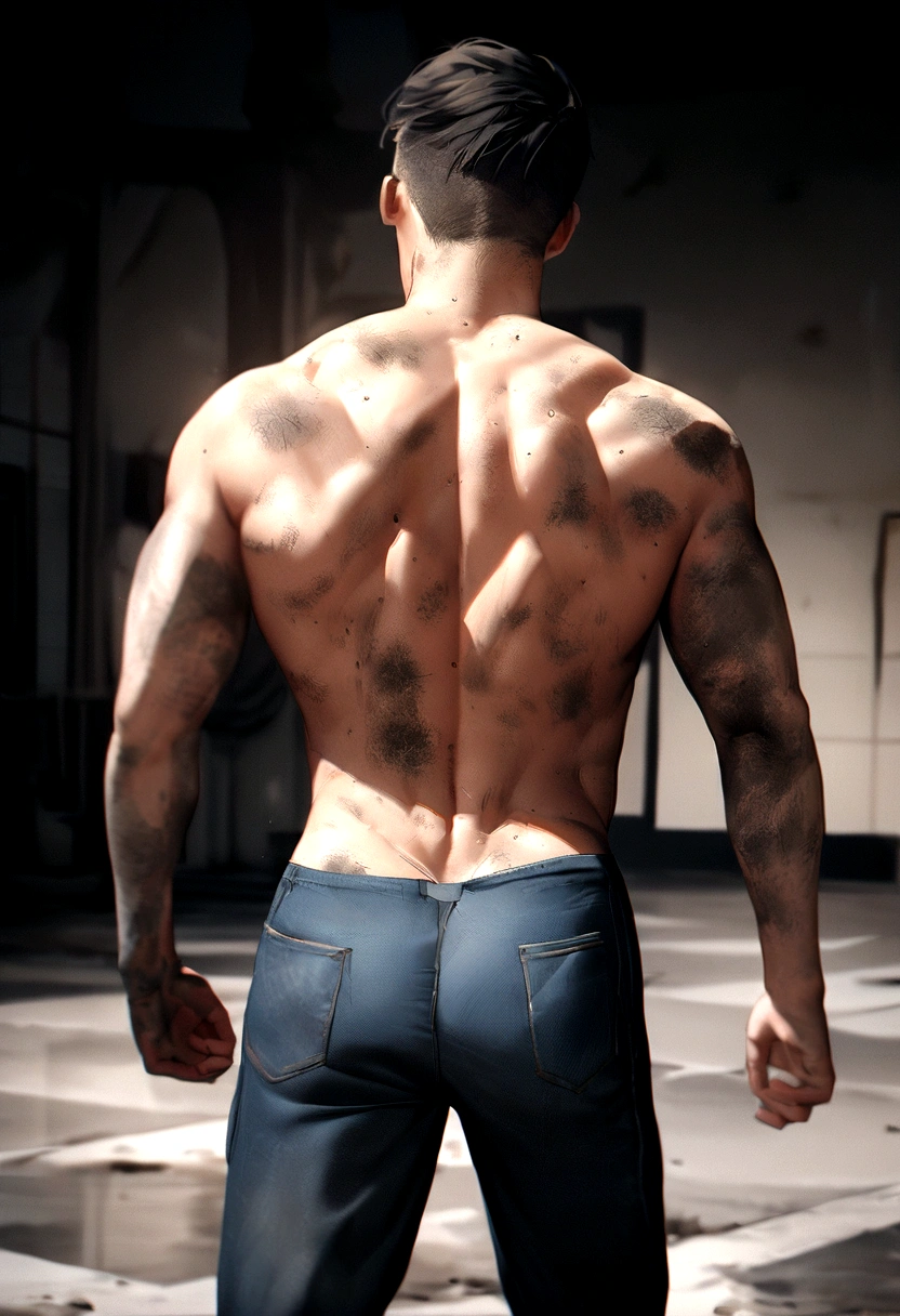 (Foto RAW de whole body), (moreno) ( man back) (very masculine body) (naked ass) (Worker) ( dirty skin) (show your ass) (T-shirt with holes and stains..) esta en la obra llevan ropa de Workers) )(Cracked cement floor), ), (8k hd), (DSLR), (natural lighting), (high quality), (film grain), (Fujifilm XT3), (whole body), (back view).