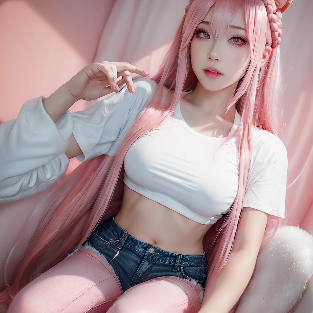 Young woman, pink eyes, long braided pink hair, pink, lots of pink, white cropped t-shirt, exposed midriff, pink low rise jeans, bubble gum, cotton candy, pink sky, pink moon, all is pink, beautifully lit, stunning environment, insanely detailed