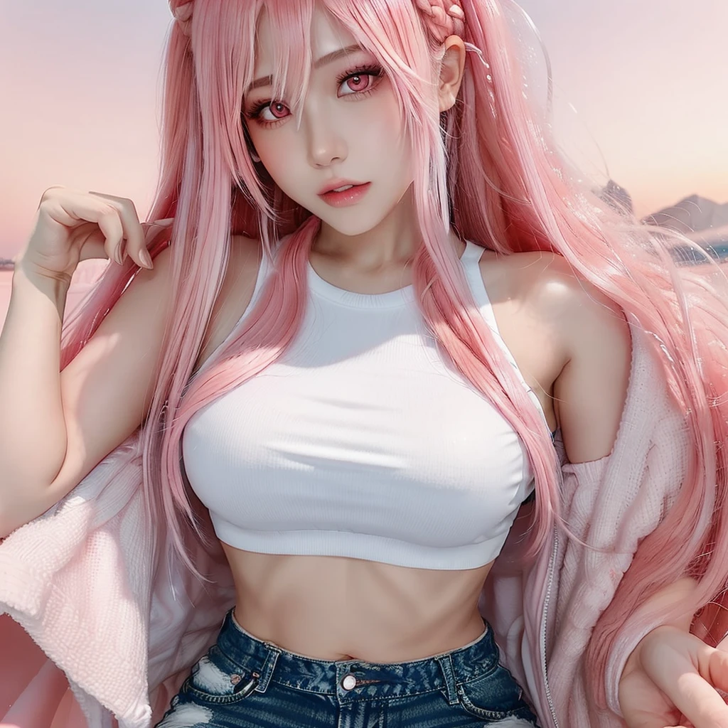 a beautiful girl with intricate details, long pink hair with red hair ornaments and purple eyes, wearing a neon shirt, , standing against a brick wall with graffiti in a dim-lit alley, with chromatic aberration and symmetry in her face and body, (best quality, 4K, 8K, highres, masterpiece:1.2), ultra-detailed, (realistic, photorealistic, photo-realistic:1.37), ((medium breath)), sharp eyes, earrings, choker, look at viewer naked whole body Leg spread