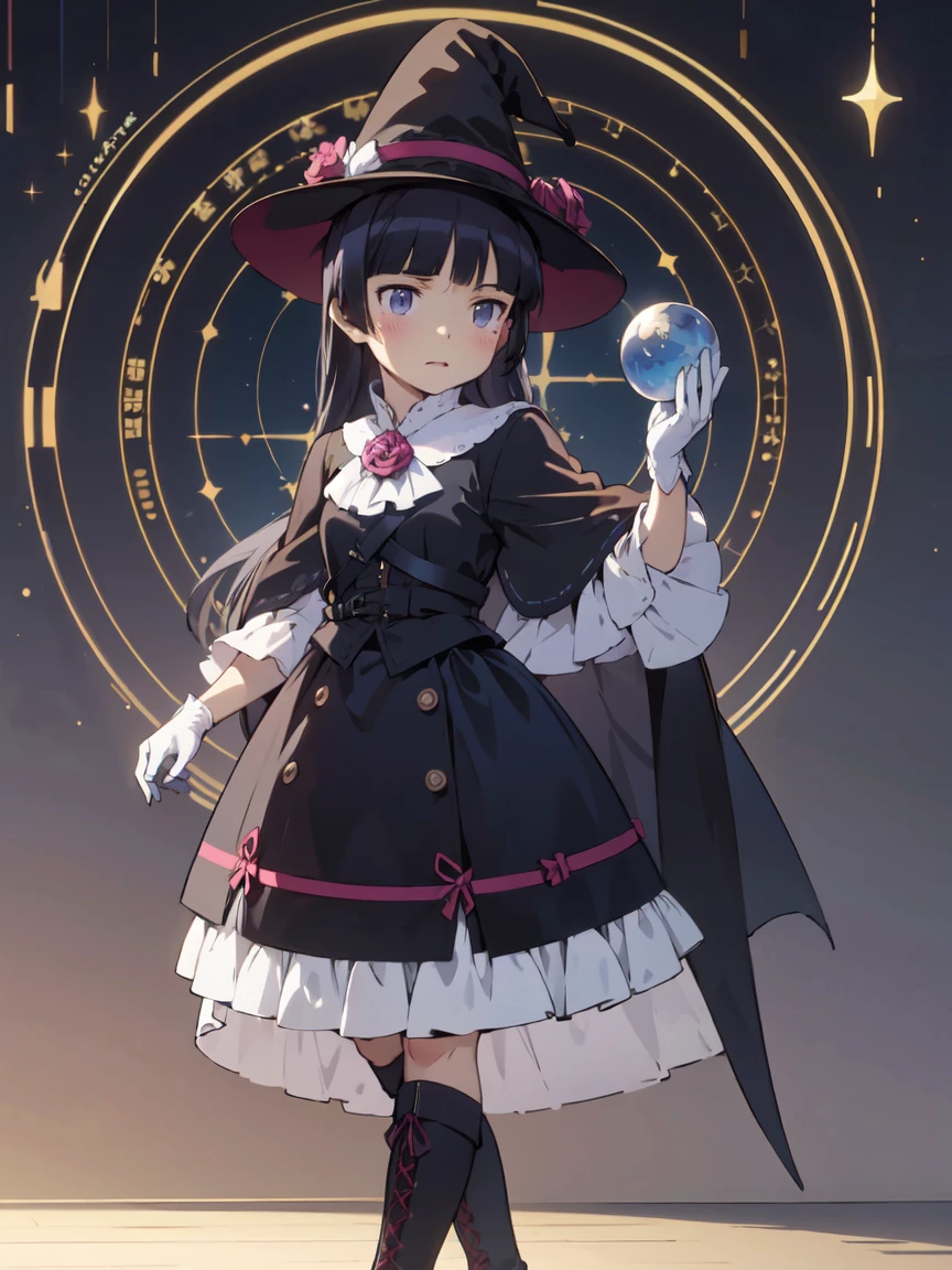 (masterpiece, Highest quality:1.1), (astrologer), 1 Girl, alone, witch hat, gloves, dress, Black Costume、(Long skirt)、Frills, boots, Cape, witch, (ruri gokou), (Crystal Ball), magic circle, Shining Star, meteor, universe, magical energy, Vision of the future, Prophecy,