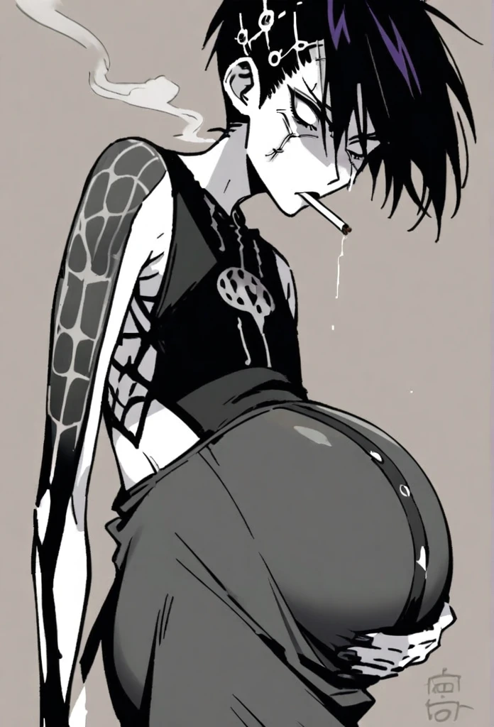 Pregnant, boy, flat chest, skinny, goth, pain in the belly, smoking a cigarette