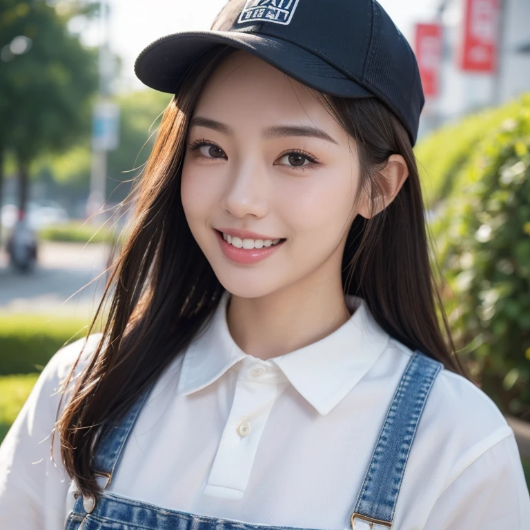 ((Highest quality)), ((masterpiece)), (detailed), One person(Highest quality, 8K, 32k, masterpiece, Ultra-high resolution:1.2),Beautiful Japanese Women Photos、Group of 2、healthy、Glowing Skin, Shallow depth of field、Contrasting、Professional Model、looking forward to it、Overbyte、mouth half open、blush:2.5、Random hairstyles for short hair、Black Hair、Face close-up、Portraiture、Teeth are visible、Big Mouth、Droopy eyes、Round face、Multiple moles、Fair skin、Active 24 year old、Brown eyes、Big smile、fish market、Wear a uniform、Wear a work hat、Overall view