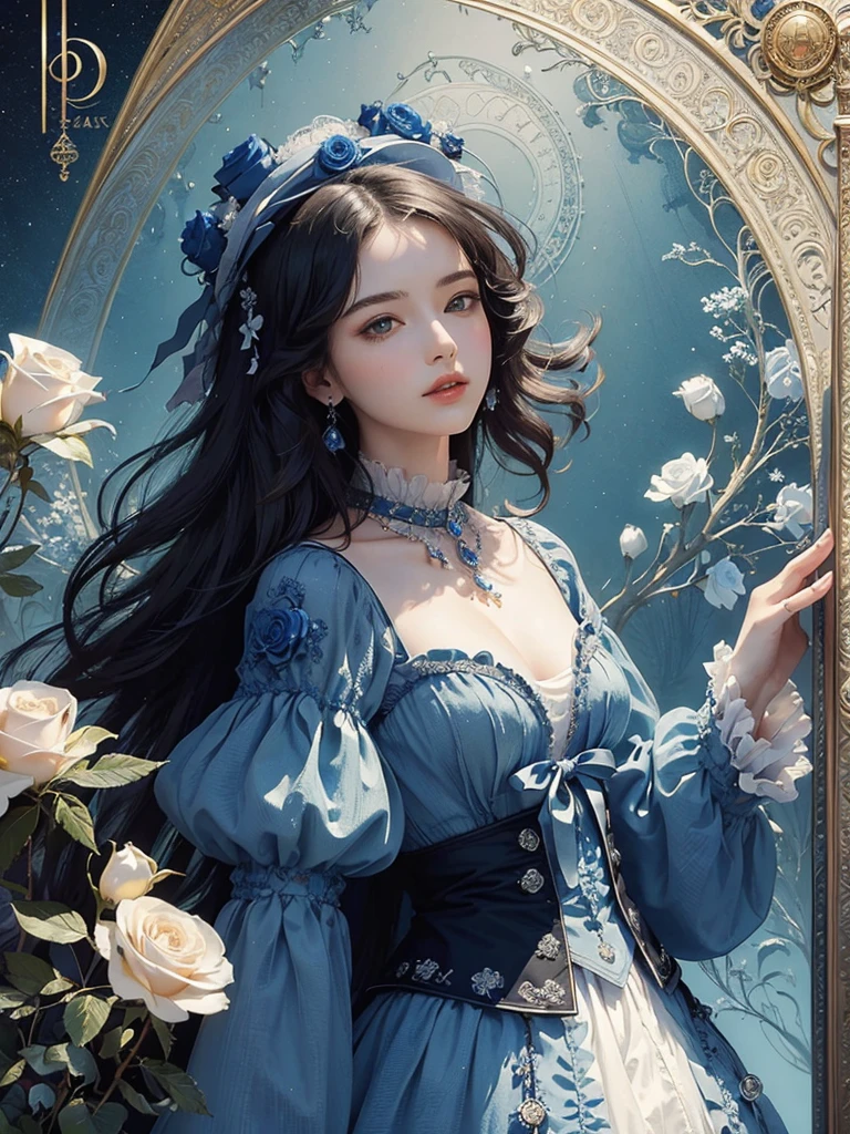 (masterpiece、quality、quality、detailed and complex、official art、aesthetically pleasing:1.3)、(1 woman:1.3)、(Fractal Art:1.3)、very colorful、vivid、victorian era clothing,Royal Blue,White Rose