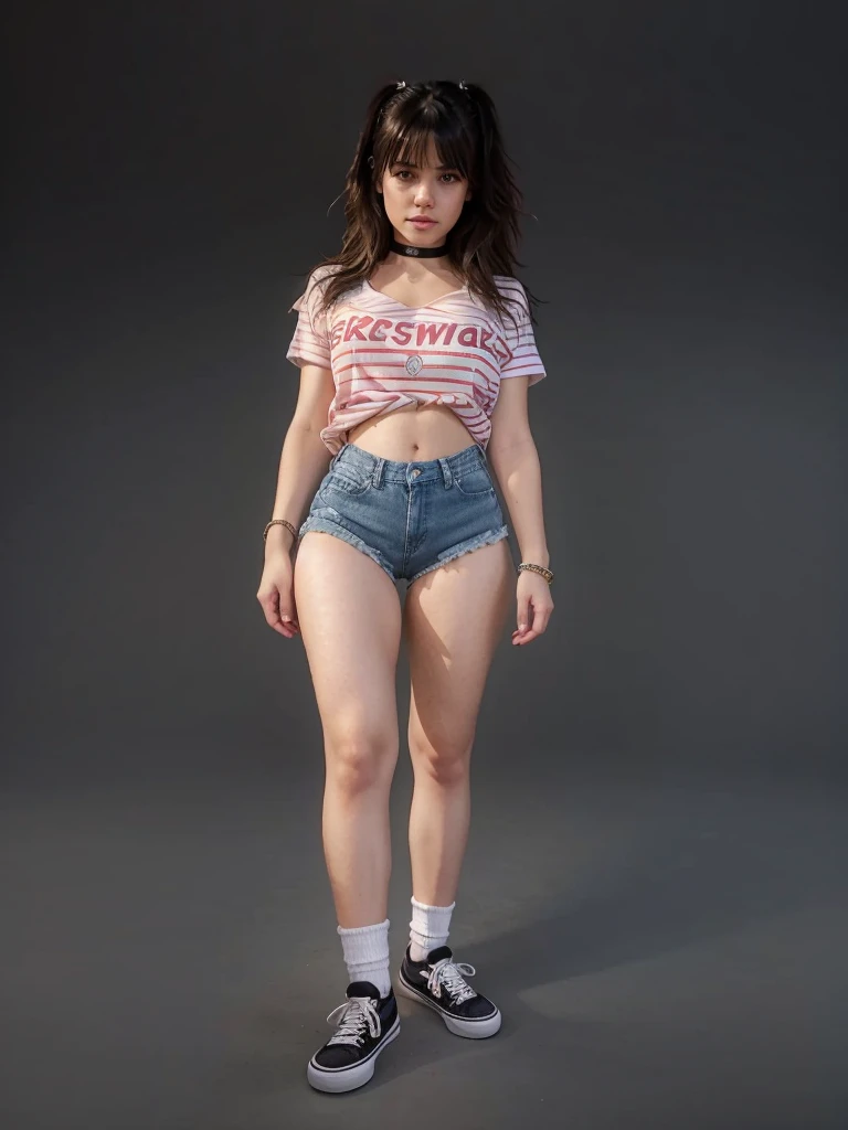  girl sexy realistic, fringe hair realistic, face sweet realistic, wearing realistic t-shirt, realistic shorts denim, realistic ankle white socks, realistic vans shoes uses choker and bracelets realistic details.