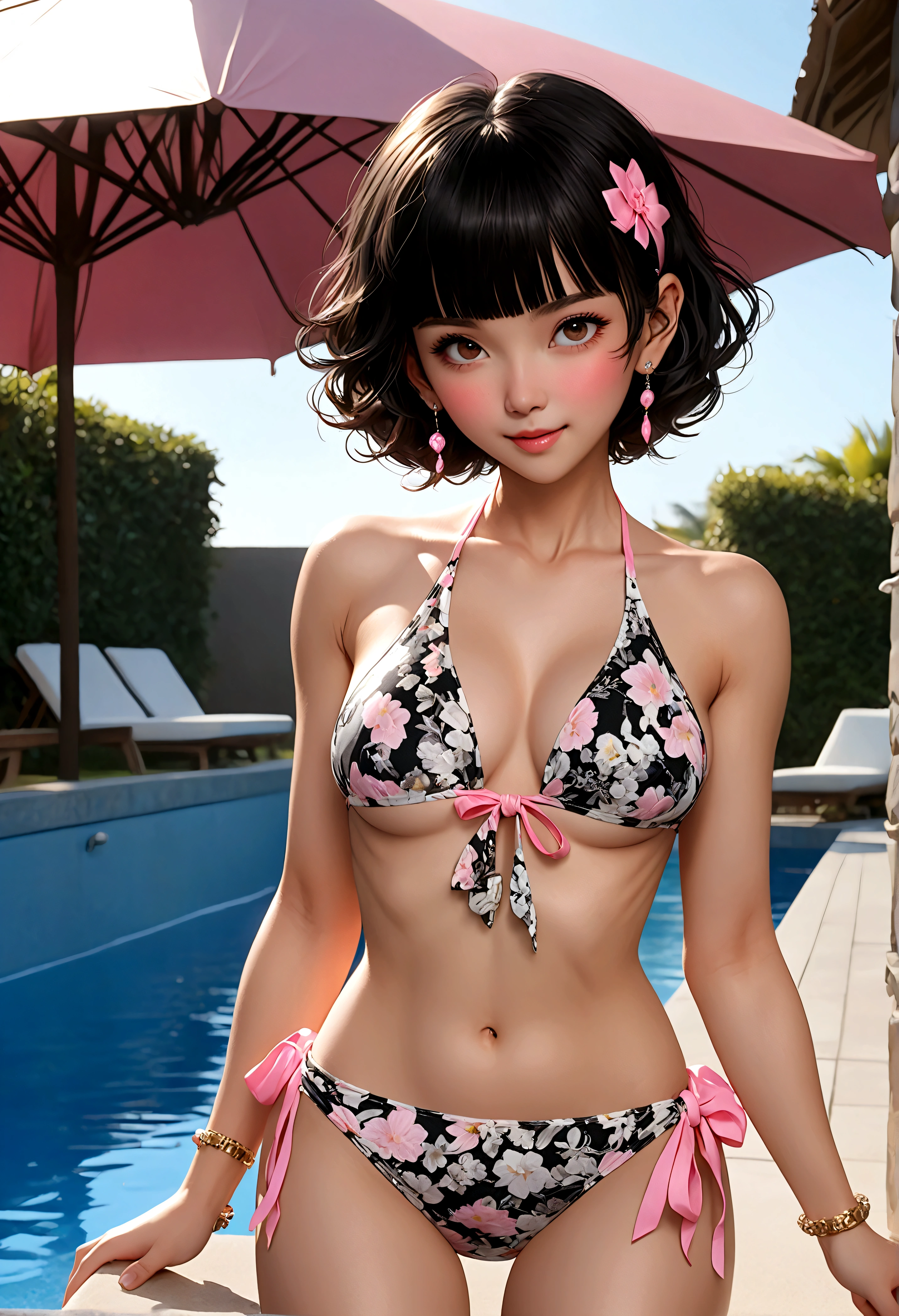 (in 8K、RAW shooting、highest quality、Masseter muscle part:1.2)、Super detailed、super resolution、(realistic、realistic:1.37)、portrait、High-definition RAW color photo、professional photography、very detailed and beautiful、very detailed、8K image wallpaper、amazing details、huge file size、official art、very detailed CG Unity 8K wallpapers、hvery detailed beautiful girl、very detailedな顔、very detailedな目、very detailedな肌、very detailedな指、hvery detailed nose、Very detailed、perfect anatomy、detailed background、detailed clothing、(((1people girls and guys1people)))、40 generations、neat woman、Realistic body shape、small、white skin、glowing skin、sexy woman、black hair、((short hair))、(well-groomed bangs: 1.4)、cute face、lifelike face、delicate eyes、((stylish poolside))、((white and black pattern bikini))、((A woman standing with her legs spread wide))、wet body、((restrained))、earrings、necklace、bracelet、((small and beautiful pink areola))、((face turned to the side))、((Woman closing her eyes and yawning loudly))、Contrapo、dynamic lighting、((firm B cup))、((excited look))、