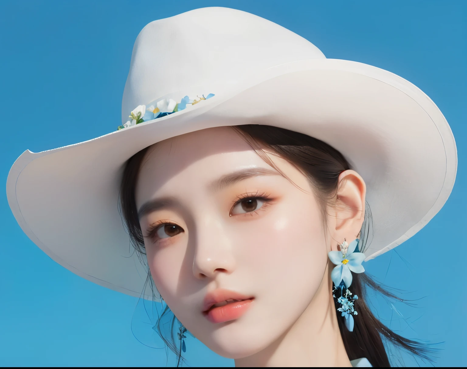 Araffe lady wearing white hat and blue dress，There are flowers on it, yanjun chengt, Light milky white porcelain skin, inspired by Yanjun Cheng, Wear a hat, earrings, Inspired by Russell Dongjun Lu, Cute and delicate face, Beautiful and delicate face, High quality portrait, Practical. cheng yi, xintong chen, Inspired by Huang Ji, Beautiful face