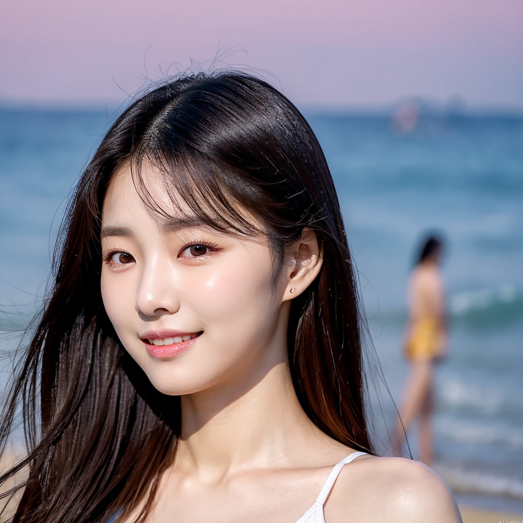 Choi Miyeon is a adult South Korean woman aged 24, she has a small, well-proportioned face with delicate features.
Her eyes are large and expressive, with double eyelids and a captivating gaze. Her nose is thin and well defined.
Her lips are full and well-drawn.
Her long, straight hair is a shade of blonde that matches her appearance.
Her skin is clear and smooth. Her body is of medium height and slim, with a graceful figure.
As she walks along the beachfront at sunset in Jeju with smile, her blue-black dress sways in the wind.