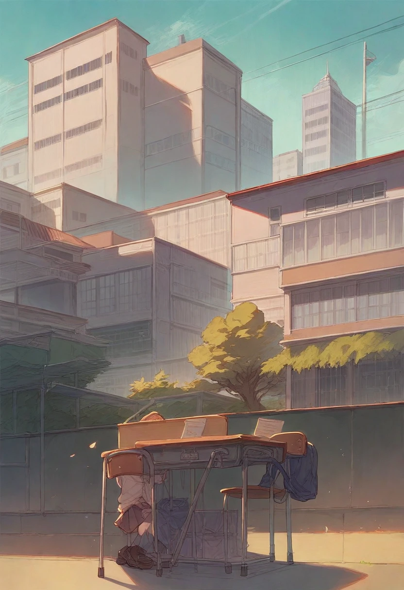 les gens passent devant un grand panneau Goldange indiquant le butin, school, private school, school courtyard, japanese high school, Private entrance to the academy, focused on'Singaporean aesthetic, schools, high school, Pris to l'Time of'Gold, art school, fzd school of design, full force, full force, wires, Modern technology building, barbizon school