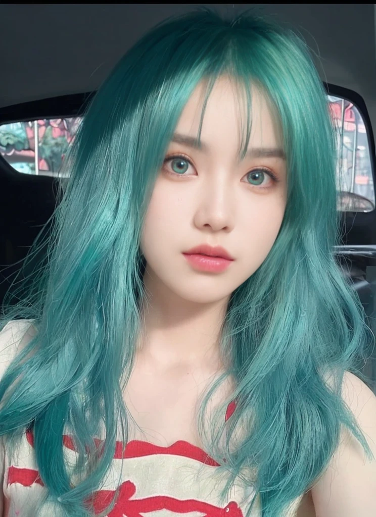 8K high quality，1 woman，Turquoise green hair：1.5