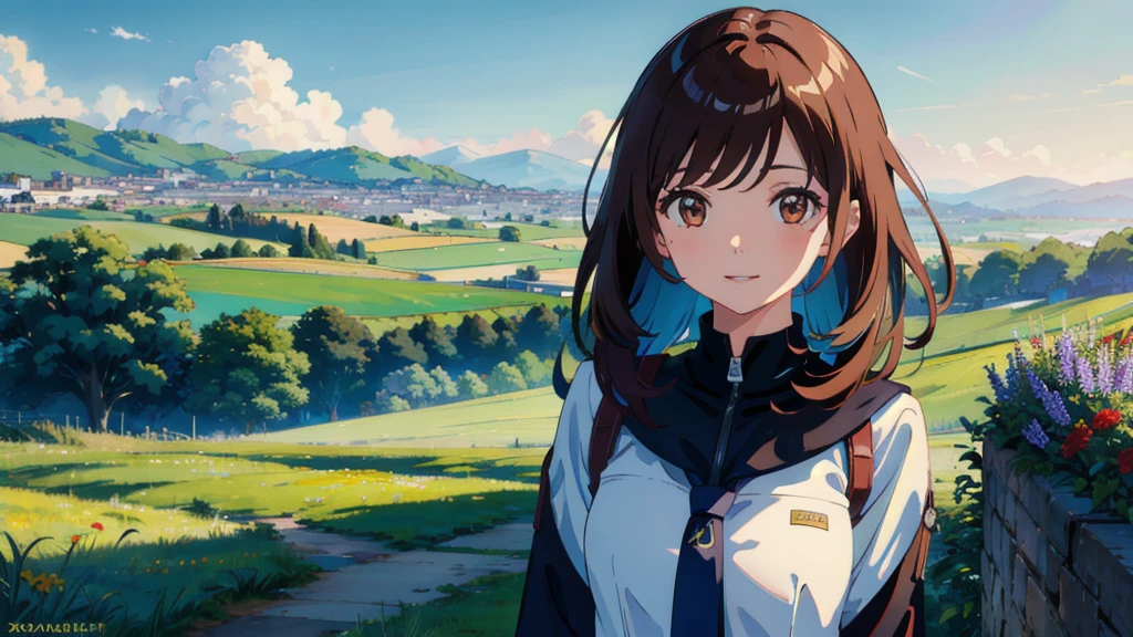 masterpiece,Highest quality,One Girl,The hair color is brown, brown eyes, smile，Gradient Hair,countryside,Cityscape,night,Flowers and plants,blue sky,scenery,afternoon,Light Perception,Soft night,