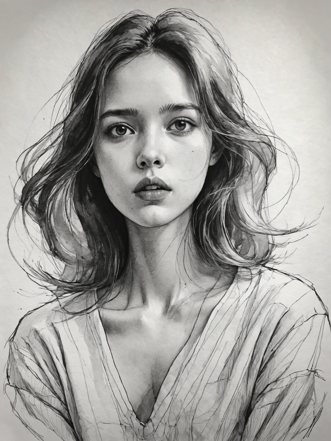 Black and white sketch girl，Expressive