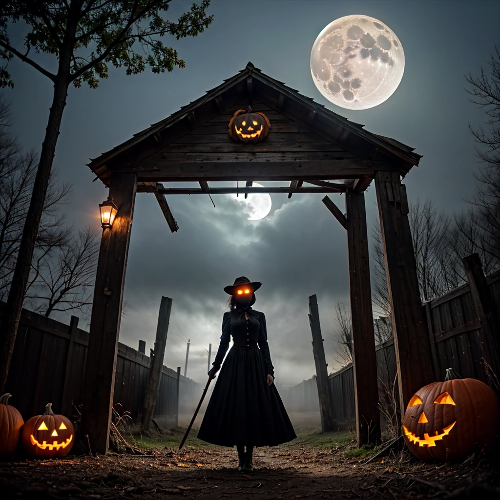 ((best quality)),
**YouTube Banner Design Prompt for "Scarecrow Pumpkin":**
1. **Dimensions**: The YouTube banner should be 2560 x 1440 pixels.
2. **Central Element**:
- **Scarecrow**: Place a menacing scarecrow with a pumpkin for a head in the center. The pumpkin should have a sinister grin with glowing eyes.
- **Pose**: The scarecrow should be standing in a creepy, desolate field with tattered clothes, possibly holding a scythe.
3. **Background**:
- Create a dark, eerie landscape of an abandoned farm or a haunted field.
- Include elements like dead trees, a full moon casting an eerie glow, and perhaps a dilapidated barn in the background.
4. **Color Scheme**:
- Use dark and eerie colors like black, dark purple, deep orange, and shades of gray to create a spooky atmosphere.
5. **Text**:
- Add the channel name "Scarecrow Pumpkin" in a spooky, jagged font.
- Position the text prominently near the top or bottom of the banner.
- Use colors that contrast well with the background, like bright orange or neon green, to make the text stand out.
6. **Additional Elements**:
- Incorporate cobwebs, bats flying across the moon, and shadowy figures in the background to enhance the horror theme.
- Add a few glowing eyes peeking out from the darkness.
7. **Lighting and Effects**:
- Use shadowy effects to create a mysterious and sinister look.
- Add some mist or fog at the base of the scarecrow to add depth and enhance the eerie atmosphere.
**Prompt for Graphic Designer or Design Tool**:
"Design a YouTube banner for a horror-themed channel named 'Scarecrow Pumpkin'. The banner should be 2560 x 1440 pixels. The central element should be a menacing scarecrow with a pumpkin head, featuring a sinister grin and glowing eyes. The background should depict a haunted field or abandoned farm with dead trees, a full moon, and a dilapidated barn. Use dark and eerie colors like black, dark purple, deep orange, and shades of gray. Add the c