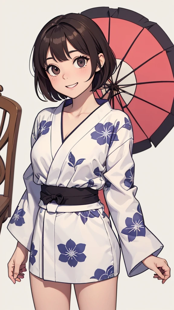 (((masterpiece, best quality, ultra highres, 1 girl, solo, no background))), super detailed skin and face and eyes and finger, beautiful japanese woman, small breasts:1.5, skinny, light brown hair, white background, very short pixie hair, Knee shot, Generate with illustrations, Various expressions, Various poses, Please draw the entire character within the frame, ensuring that the head, arms, and legs are not cut off. The background should be simple, with the character positioned centrally, outline, anime, 2d, yukata, laugh, boyish,