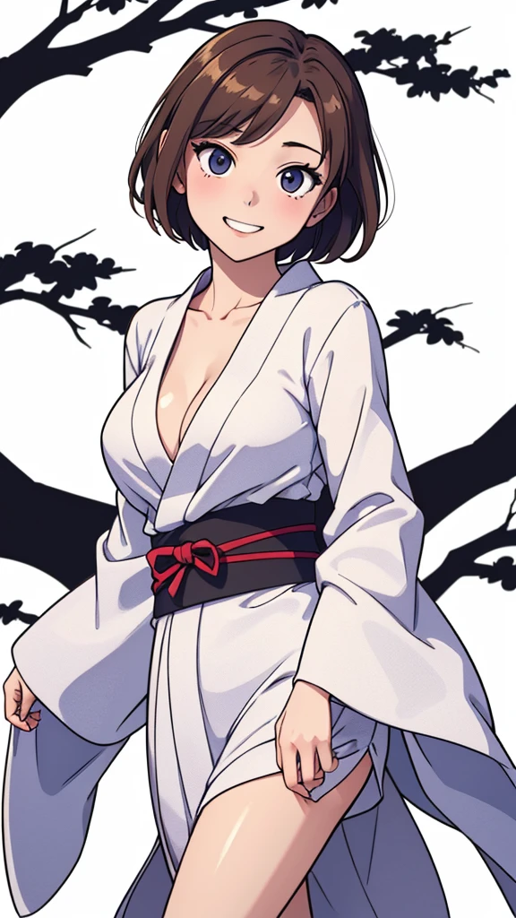 (((masterpiece, best quality, ultra highres, 1 girl, solo, no background))), super detailed skin and face and eyes and finger, beautiful japanese woman, small breasts:1.5, skinny, light brown hair, white background, very short pixie hair, Knee shot, Generate with illustrations, Various expressions, Various poses, Please draw the entire character within the frame, ensuring that the head, arms, and legs are not cut off. The background should be simple, with the character positioned centrally, outline, anime, 2d, yukata, laugh, boyish,
